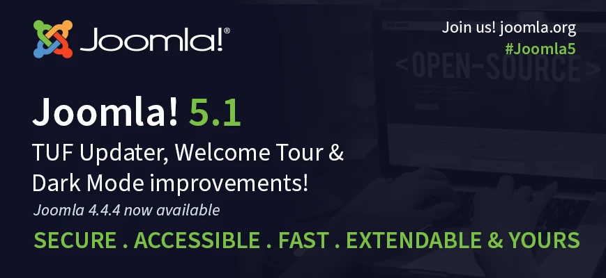 Screenshot of the Joomla official announcement page detailing the release of Joomla 5.1.0 and 4.4.4, highlighting key updates and features such as security enhancements, dark mode, and improved SEO-friendly URLs.