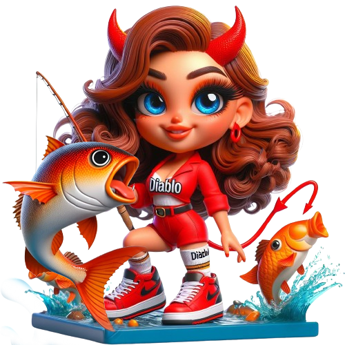3D mascot of a female devil with Spanish features, on a white background. She has big blue eyes, small horns, curly red hair, and orange skin, wearing red sneakers and a 'Diablo Design' suit. She smiles broadly, showcasing a large bust. In her role as a fisherwoman, she's holding a fishing rod with a fish on it, amidst a scene of water splashes and a predatory fish leaping out of the water.