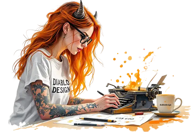 Stylized illustration of a young woman with red hair, blue horns, and orange wings, smiling at a laptop. She is wearing a white
