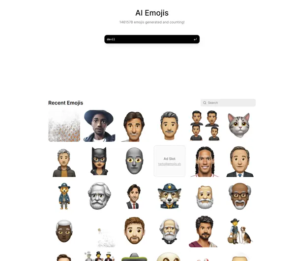 Screenshot of Emojis.sh homepage displaying a counter of over 1.46 million AI-generated emojis with a variety of recent emoji examples.