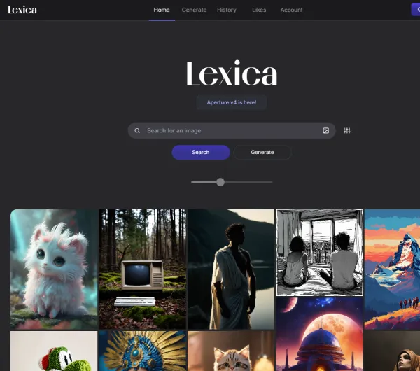 Screenshot of Lexica.art homepage showing the main navigation menu with options for creating AI-generated images, browsing the gallery, and accessing user account settings. The background features a colorful display of various digital artworks.