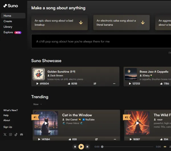 Suno platform interface showcasing AI-powered music creation tools with a diverse range of musical genres and styles.