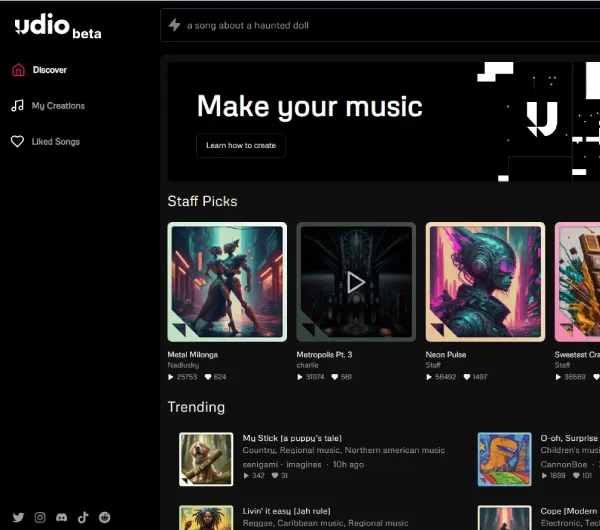 Screenshot of the Udio AI music generation platform's interface, displaying customizable options for creating a unique music track tailored for games or films.