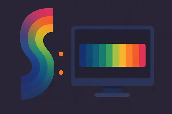 Illustration of a computer monitor displaying a smooth horizontal color ramp from blue to red, alongside a bold rainbow-shaped gradient curve, representing the concept of HSL color generation.