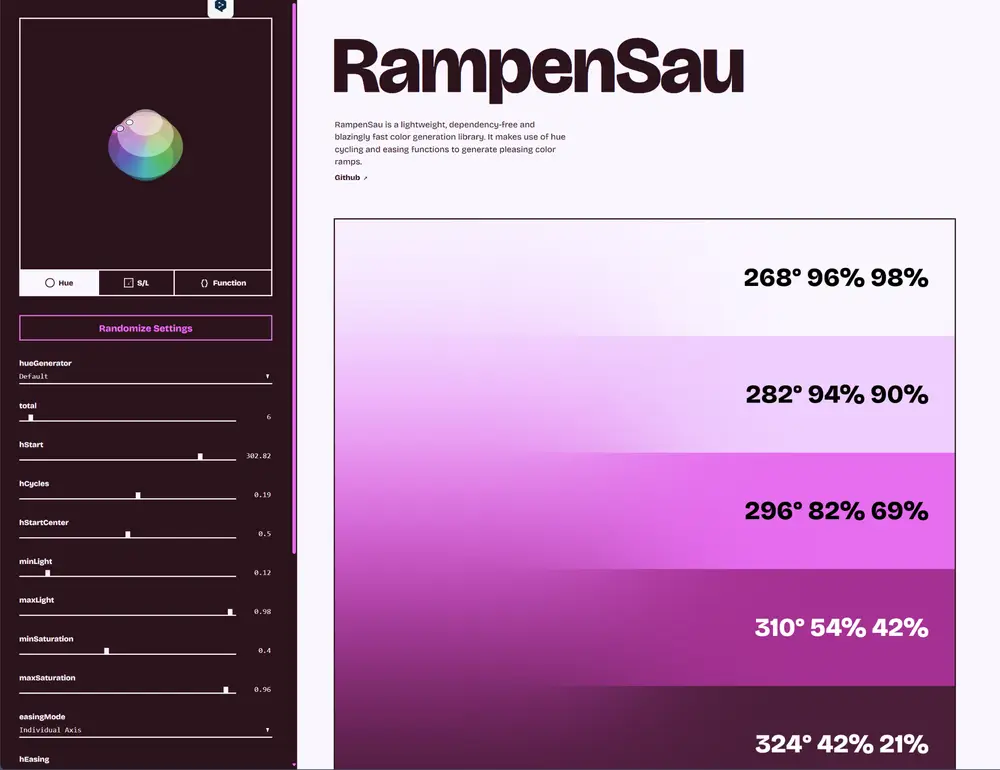 Screenshot of the RampenSau web interface showing a pink-purple HSL color ramp on the right, with hue, saturation, and lightness values labeled for each step. On the left, there are interactive controls including a 3D HSL sphere, sliders for ramp parameters, and easing mode options.