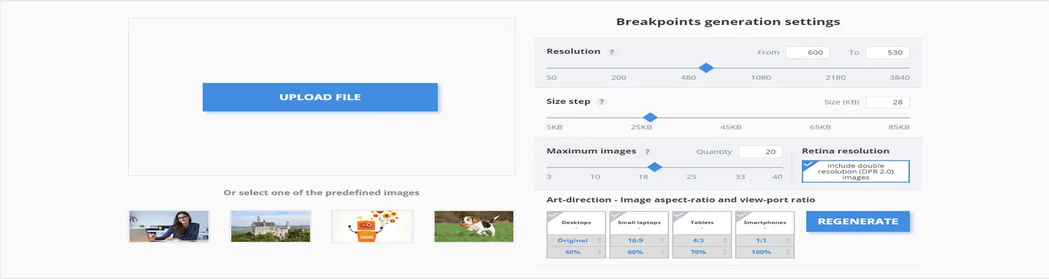 Screenshot of the breakpoints generator tool showcasing how it calculates optimal image dimensions for responsive web design.