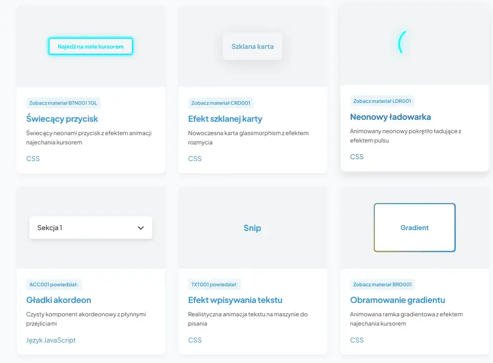 Preview of frontend UI components on Snipzy.dev, including glowing buttons, glass card effects, neon loaders, and animated accordions.
