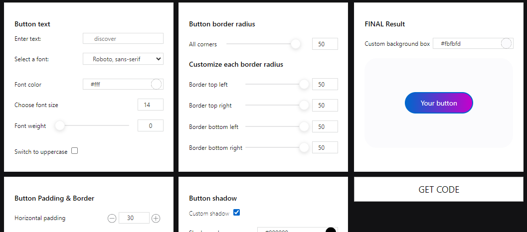 Screenshot of CSS Button Generator interface showing customization options for button style including color, border, and padding settings.