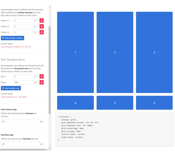 Screenshot of Griddy.io interface showing grid customization options and code snippet preview.