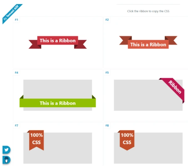 Screenshot of CSS Generators Ribbon Shapes website showcasing various CSS-only ribbon designs for web development