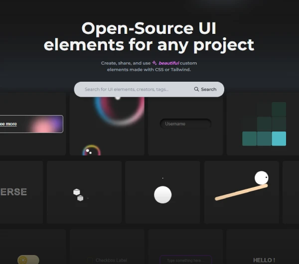 Screenshot of Uiverse.io homepage showcasing a selection of free UI elements available for download
