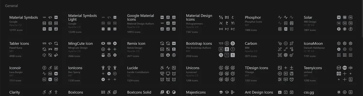 A user interface of Icônes showcasing customizable and searchable icons for developers.