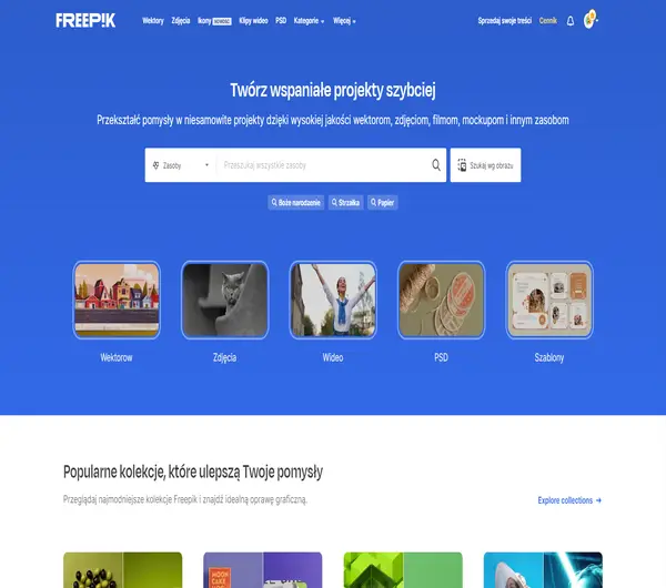 Screenshot of Freepik homepage showcasing various graphic resources available.