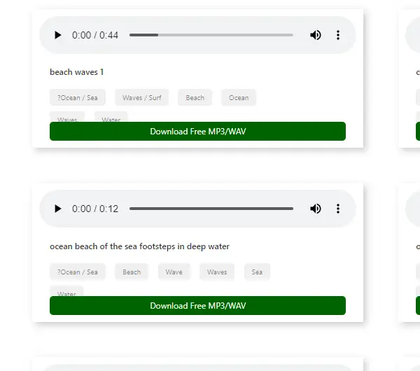 Free Sound Effects website homepage showcasing categories like nature, tech, human, and transport sounds.