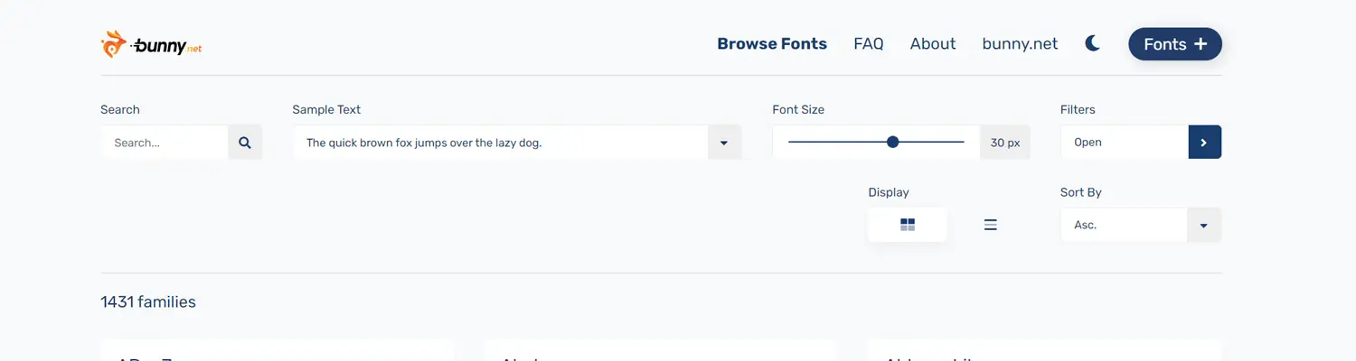 A collection of fast and GDPR-friendly fonts from Bunny Fonts used in modern web design.