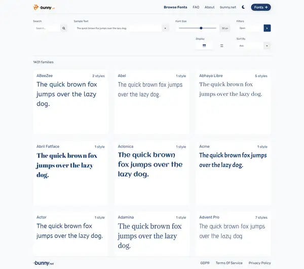 A collection of fast and GDPR-friendly fonts from Bunny Fonts used in modern web design.
