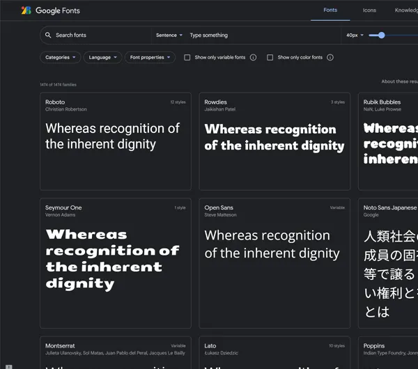 A collection of free and open-source fonts from Google Fonts used in web design for enhanced typography.