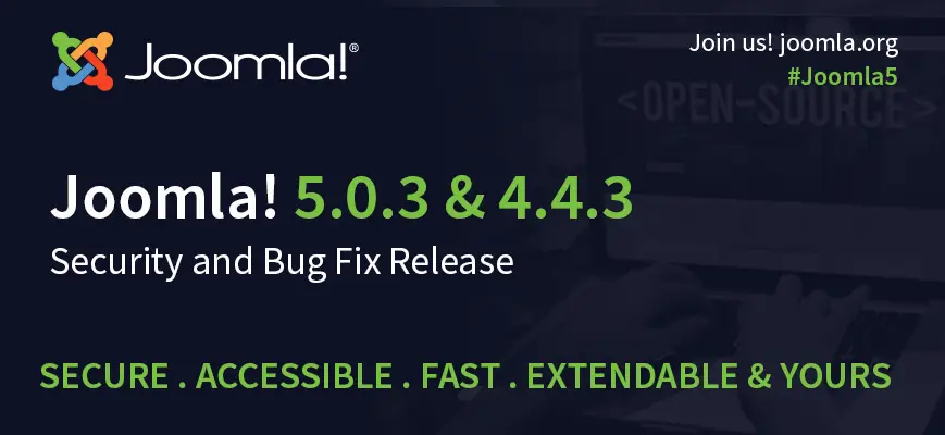 Screenshot showcasing Joomla 5.0.3 and 4.4.3 update announcement on Joomla's official website, highlighting key security and bug fixes.