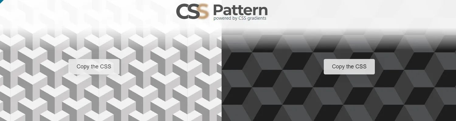 Screenshot of the CSS-Pattern.com homepage displaying various unique CSS patterns generated using gradients, with options to 'Copy the CSS