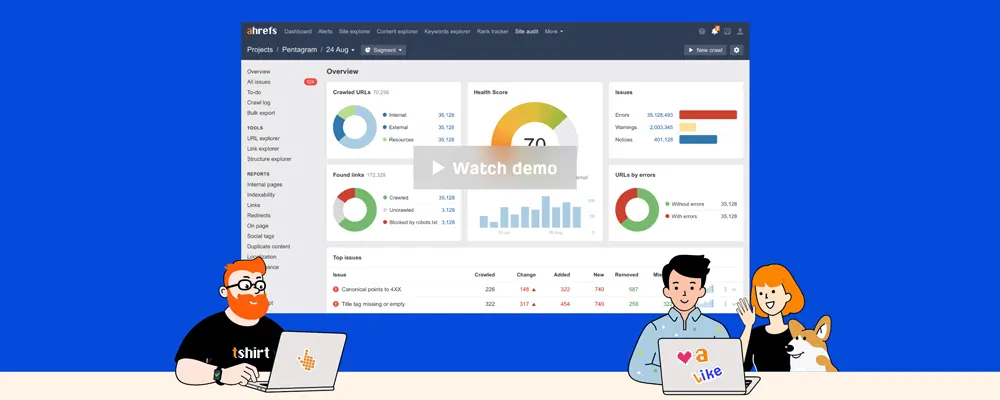 Screenshot of Ahrefs Webmaster Tools homepage, highlighting key features such as SEO health check, backlink analysis, and keyword traffic insights.