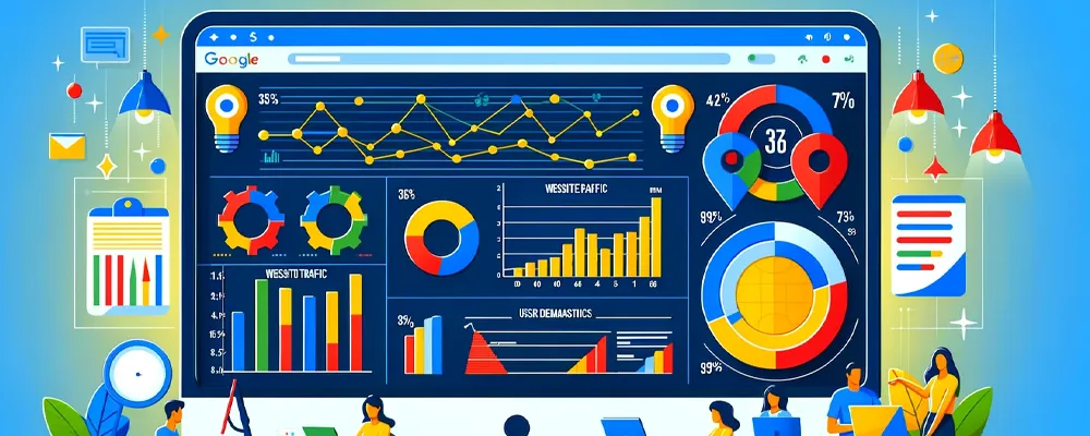 Screenshot of the Google Analytics dashboard showing real-time user data, audience demographics, and traffic sources