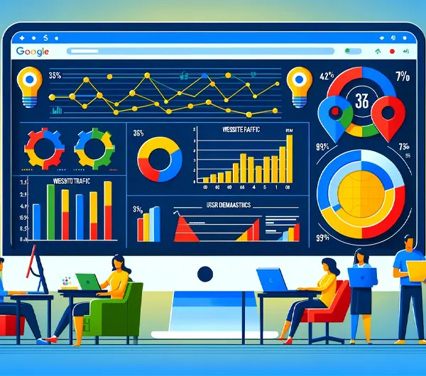 Screenshot of the Google Analytics dashboard showing real-time user data, audience demographics, and traffic sources