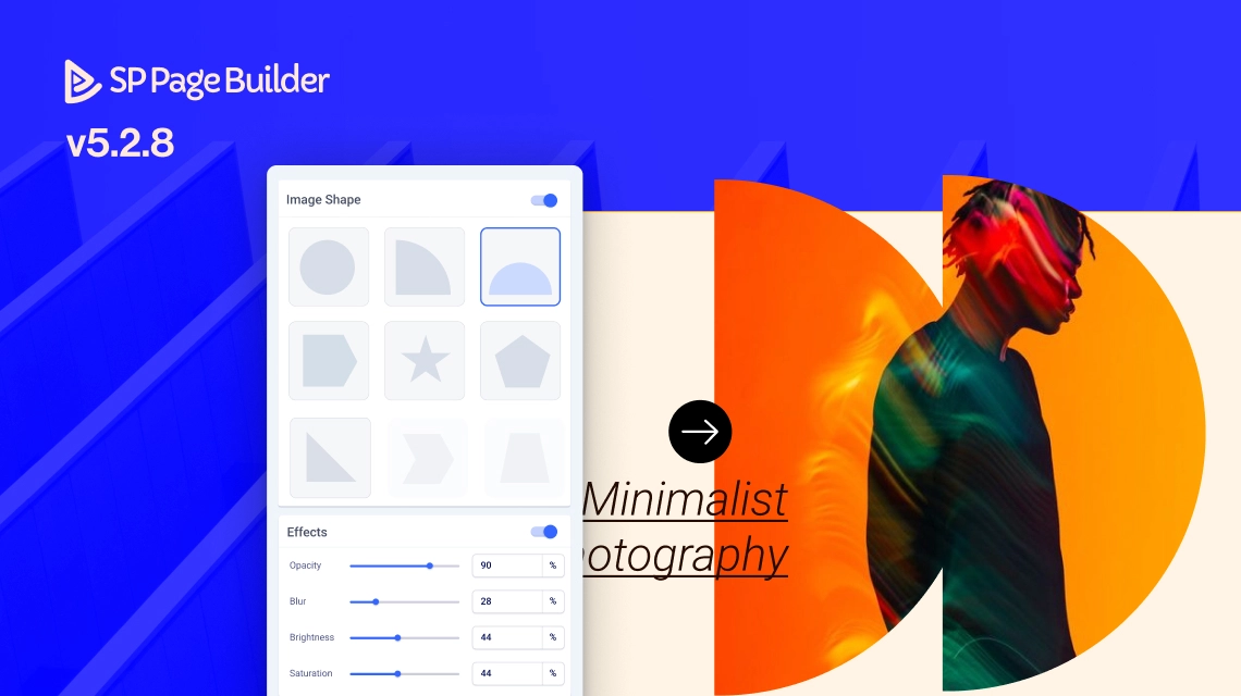 Screenshot showcasing the new image shapes and effects feature in SP Page Builder v5.2.8