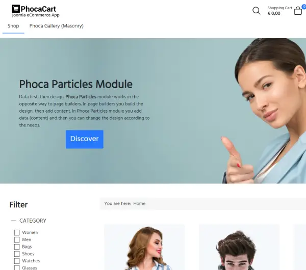 Screenshot of Phoca Cart interface on Joomla, showcasing its modern design and user-friendly e-commerce features.
