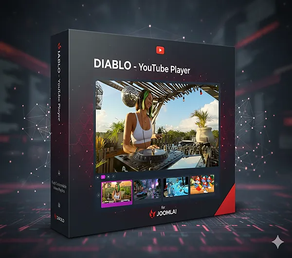 Product box mockup of “DIABLO – YouTube Player” for Joomla, showing a YouTube embed with a Teen Titans Go! thumbnail and a row of playlist previews on a red-black background.