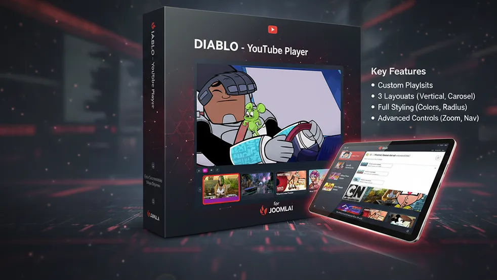 Product box mockup of “DIABLO – YouTube Player” for Joomla, showing a YouTube embed with a Teen Titans Go! thumbnail and a row of playlist previews on a red-black background.