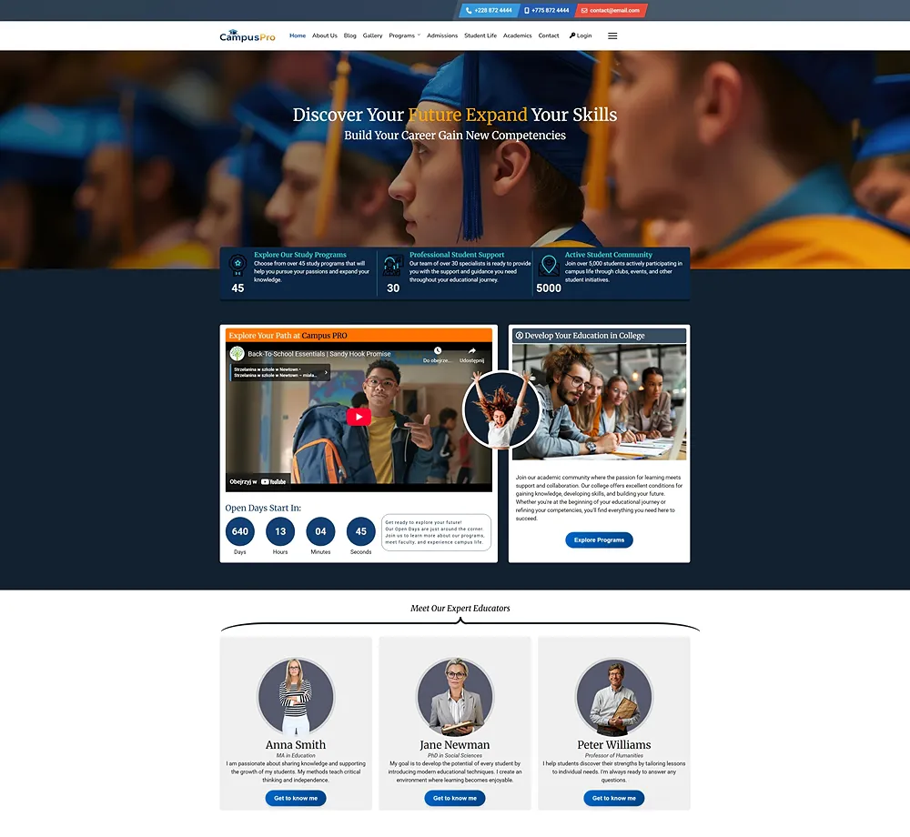Website template for CampusPro, displaying a university or college-themed homepage. The header includes a navigation bar with links for Home, About Us, Blog, Gallery, Programs, Admissions, Student Life, and other sections. Below the header, there is a hero section with an image of students walking on campus, a large text 'Unlock Your Potential at College' with a call-to-action button 'Get Started'. Below the hero, there are three informational boxes showcasing study programs, student support, and the active student community with relevant statistics. The next section features a video embed, a countdown to 'Open Days', and a promotional block for college education programs. Further down, there is a 'Meet Our Expert Educators' section, displaying three educator profiles with their names, roles, and 'Get to know me' buttons beneath each photo.