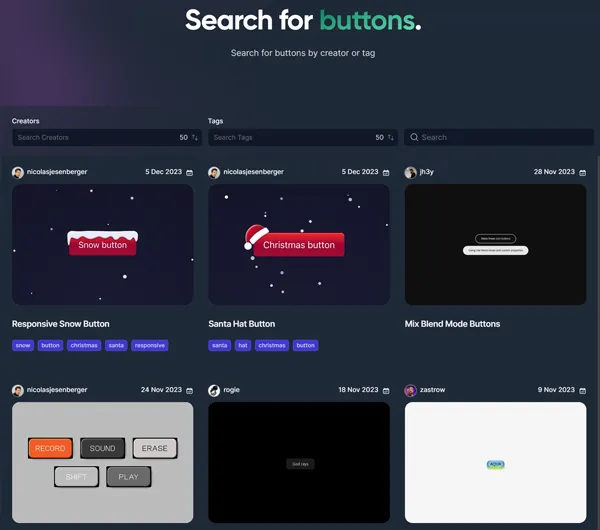 Screenshot of the Buttons.cool website showcasing diverse CSS button designs.