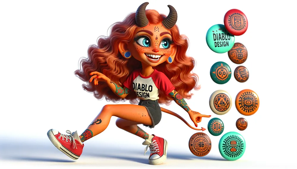 3D model of a female devil mascot with Spanish features, wearing red sneakers, a 'DIABLO DESIGN' t-shirt, large blue eyes, small horns, wavy orange-red hair, and orange skin. She is smiling with white teeth and a large bust, and her arms are covered in Aztec-patterned tattoos. She playfully dodges colorful buttons with Aztec inscriptions, set against a white background