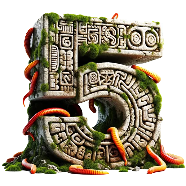 3D stone text 'J5' with intricate Aztec designs and moss, surrounded by vivid orange and red worms, against a white background
